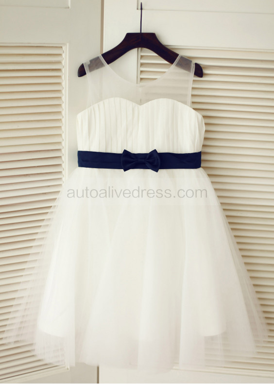 Ivory Pleated Chiffon Tulle Knee Length Wedding Flower Girl Dress